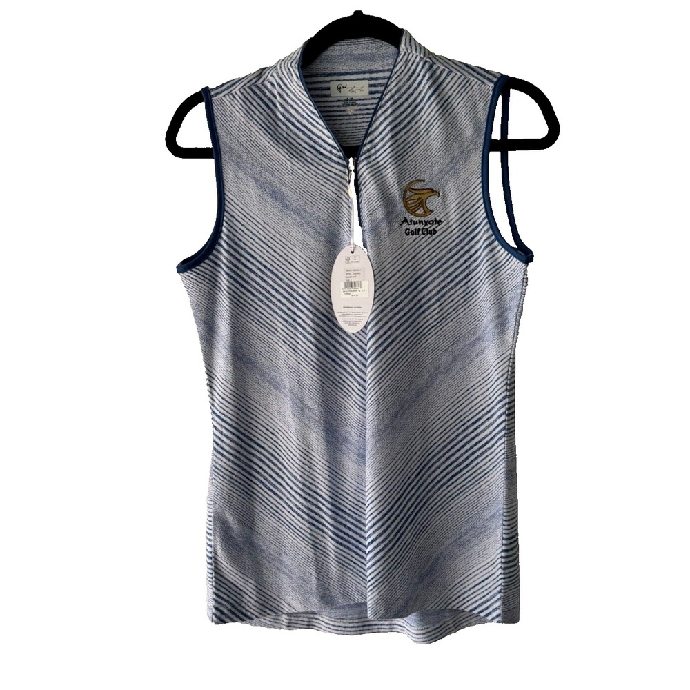 Greg Norman Atunyote Golf Club Blue White Stripe Quarter Zip Polo Tank Top Small